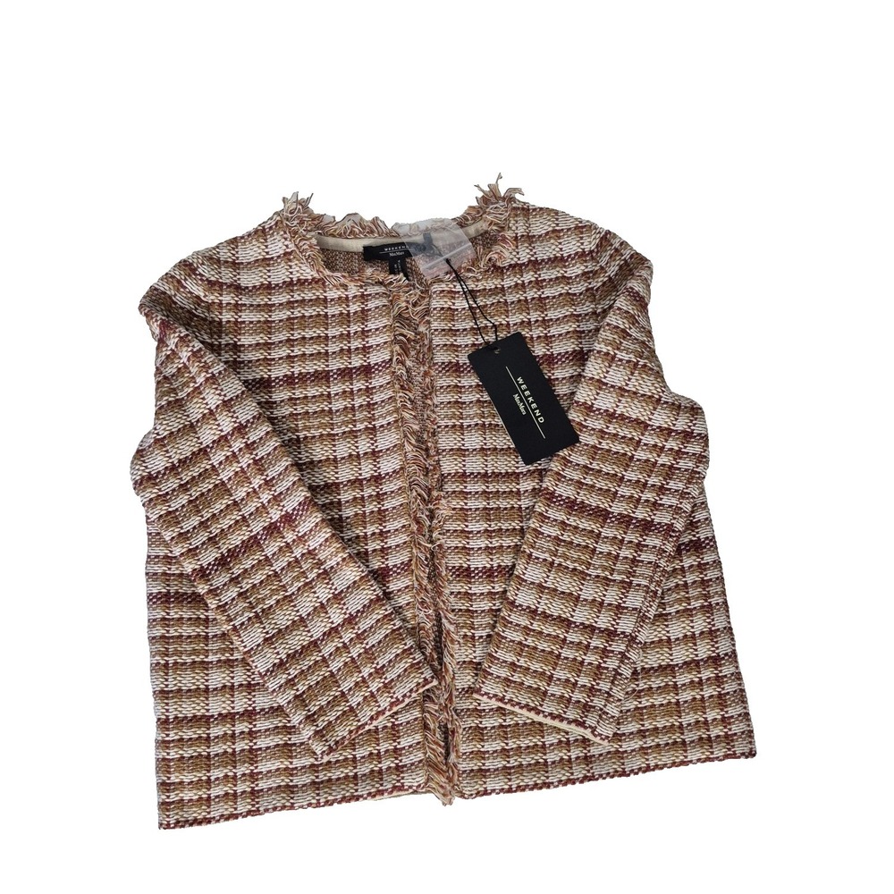 Weekend Max Mara Knit Cardigan Sweater Womens XS Brown Check Fringe Linen Blend